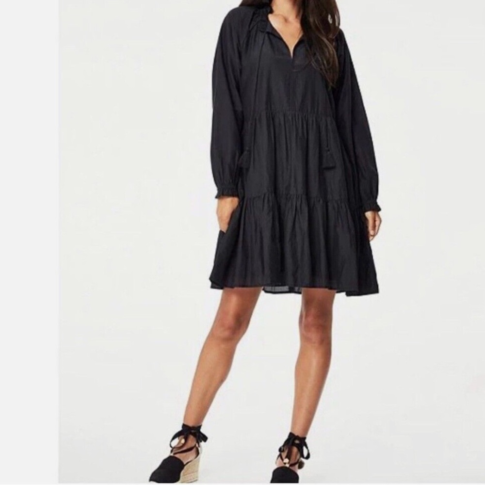 Roller Rabbit Janni EUC V-Neck Long Sleeve Ruffle Cuff Tiered Dress Black Size M